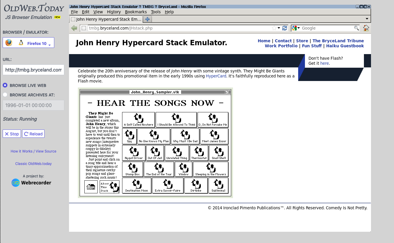Screenshot of the John Henry Hypercard Stack Emulator on OldWeb.Today.