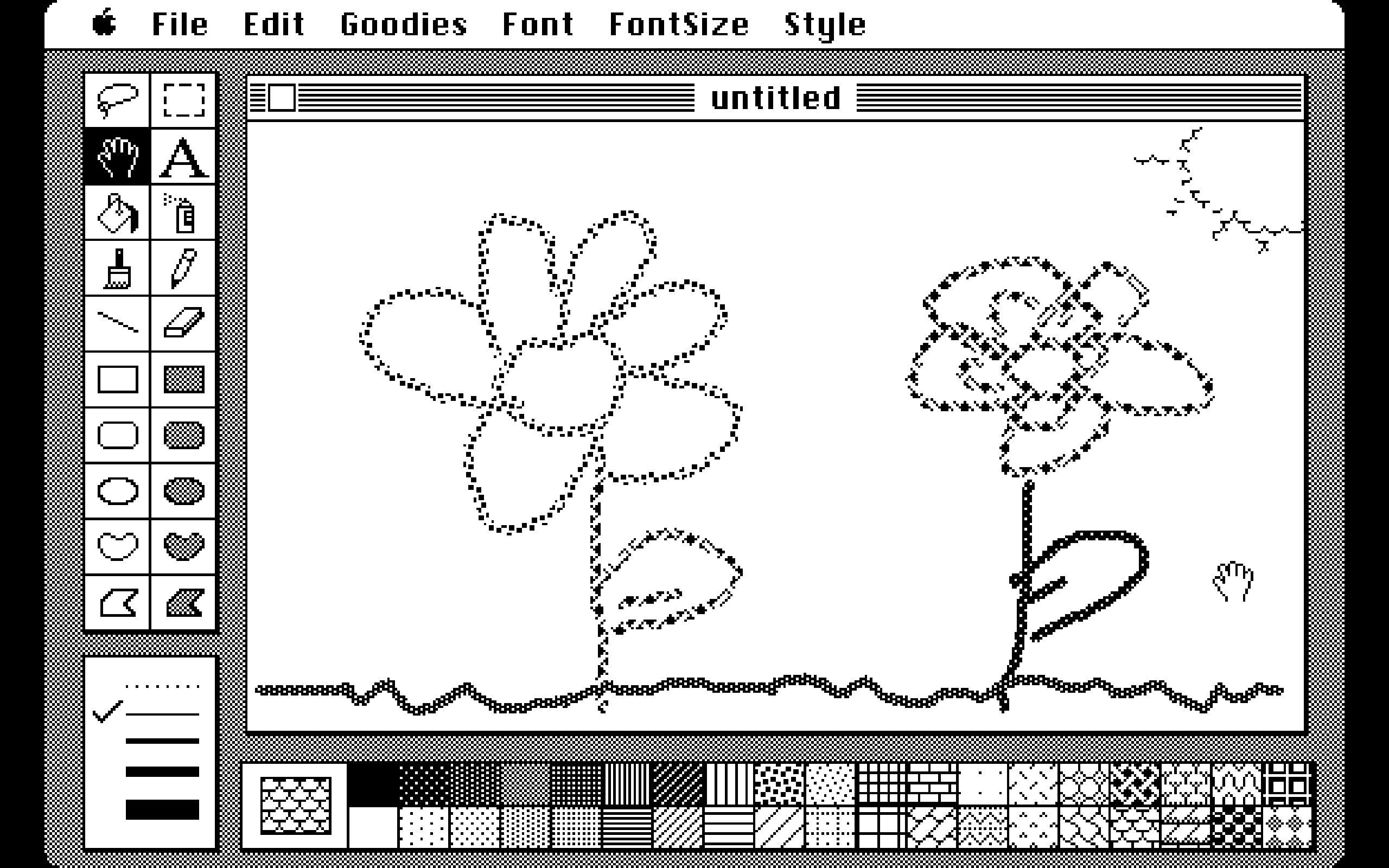 MacPaint drawing of two flowers under the sun.